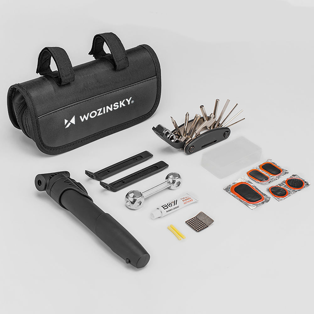 Wozinsky WMZ-01N værktøjssæt, 16-i-1 cykel multitool, pumpe, skiftnøgler, indre rør kit - sort