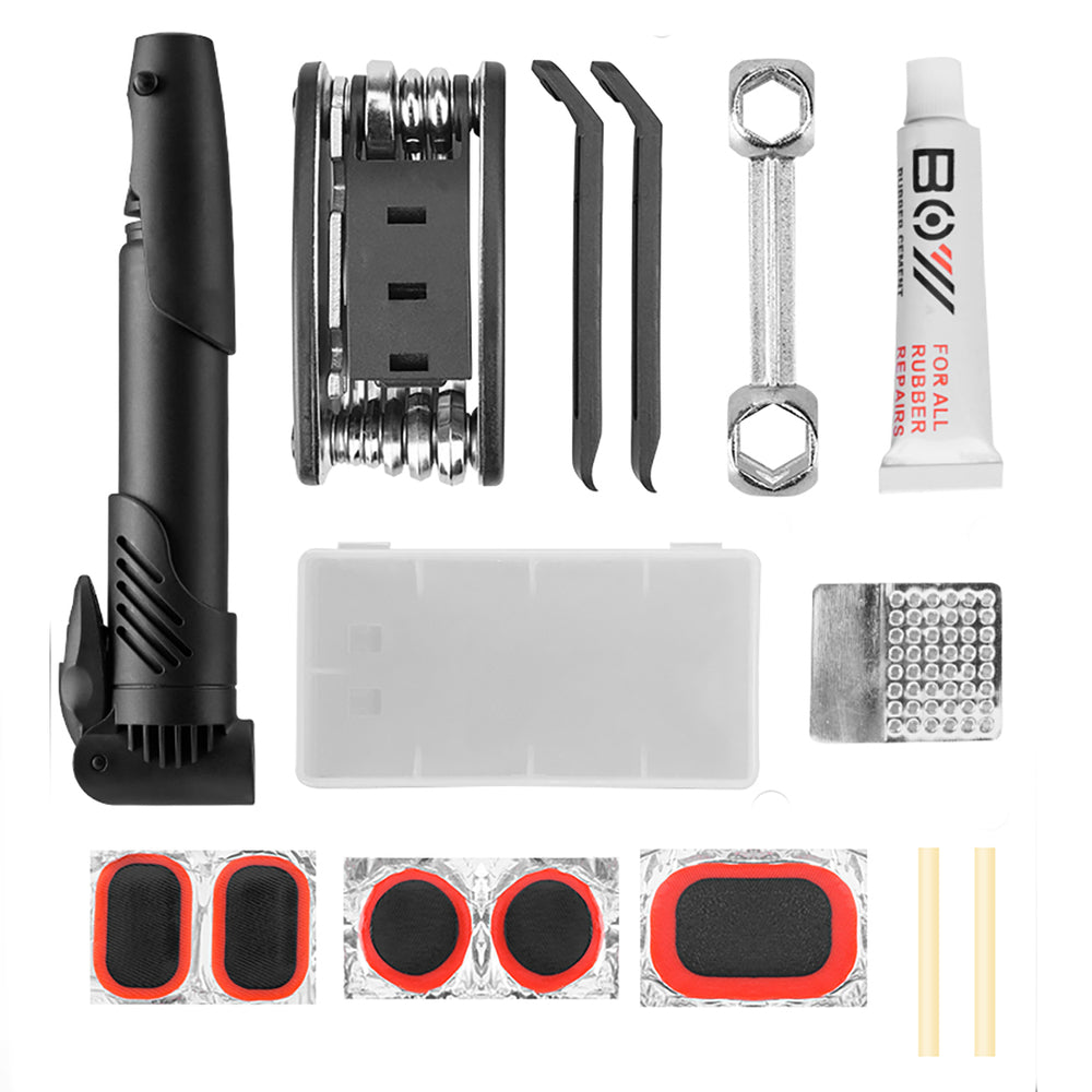 Wozinsky WMZ-01N værktøjssæt, 16-i-1 cykel multitool, pumpe, skiftnøgler, indre rør kit - sort