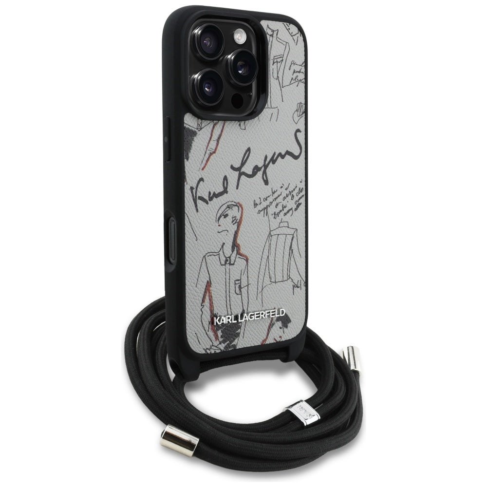 Karl Lagerfeld Crossbody Grained Pattern & Logo Case for iPhone 16 Pro Max - Gray