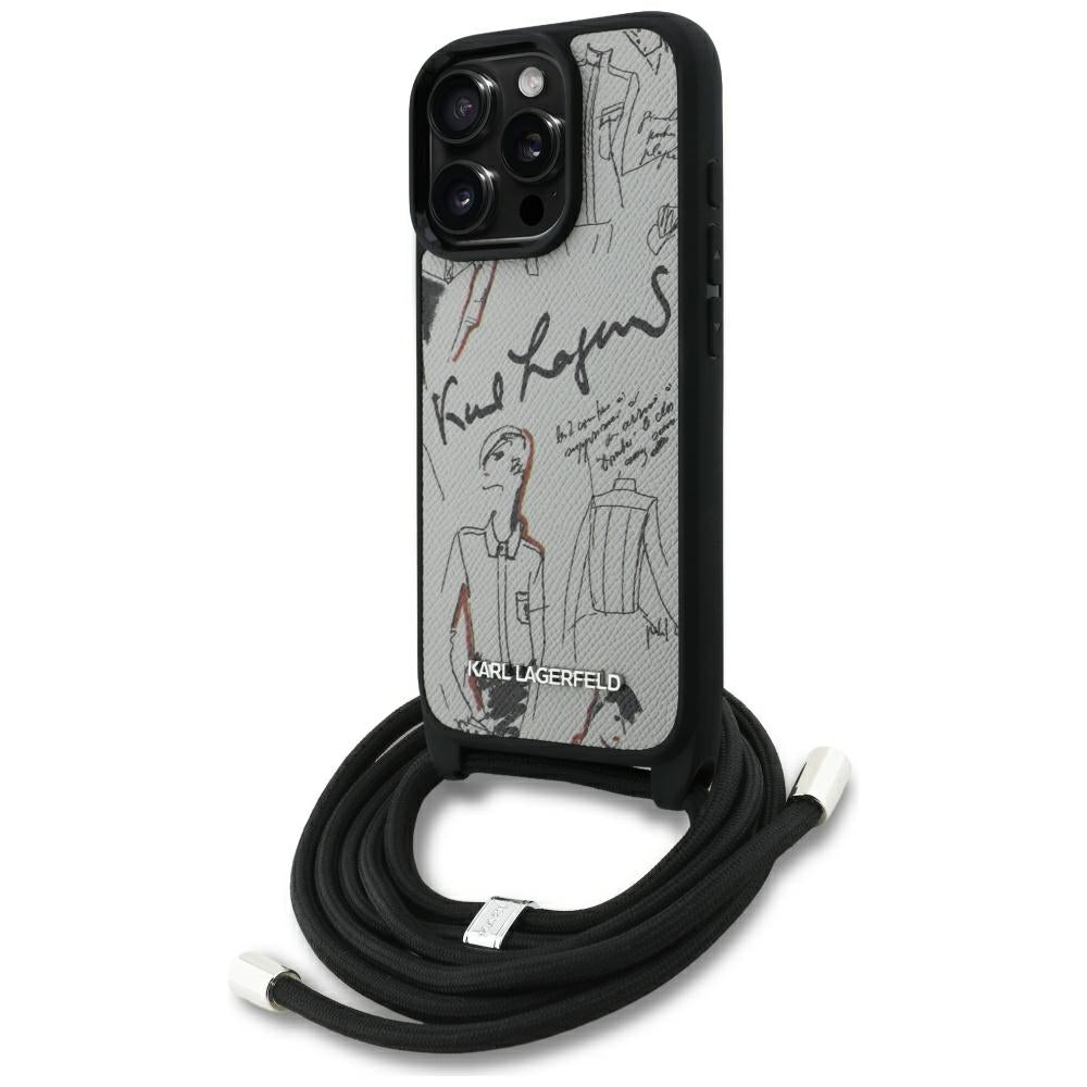Karl Lagerfeld Crossbody Grained Pattern & Logo Case for iPhone 16 Pro - Gray