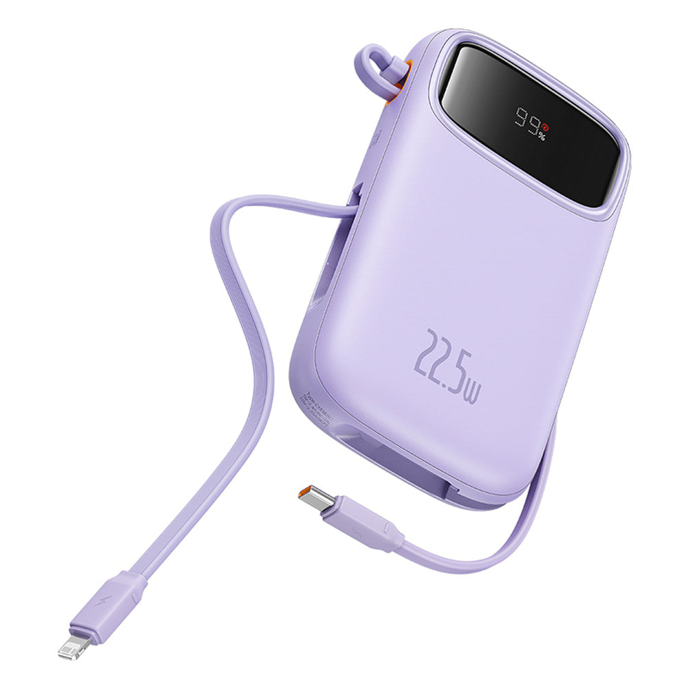 Baseus Qpow2 20000mAh 22.5W Powerbank med Dual Cable med Digital Display + Baseus Simple USB-C 3A Cable 0.3m (hvid) - Purple