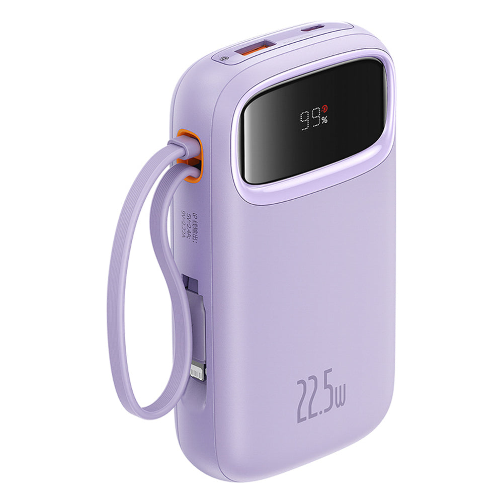 Baseus Qpow2 20000mAh 22.5W Powerbank med Dual Cable med Digital Display + Baseus Simple USB-C 3A Cable 0.3m (hvid) - Purple
