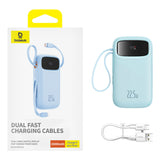 Baseus Qpow2 20000mAh 22.5W Powerbank med Dual Cable med Digital Display + Baseus Simple USB-C 3A Cable 0.3m (hvid) - Blå