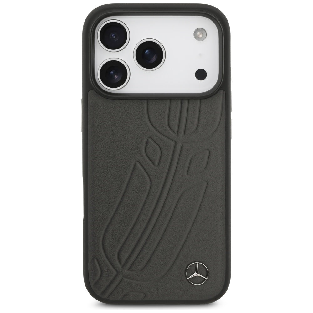 Mercedes Leather Large Laurel Leave MagSafe Case for iPhone 17 Pro - Black and Gray