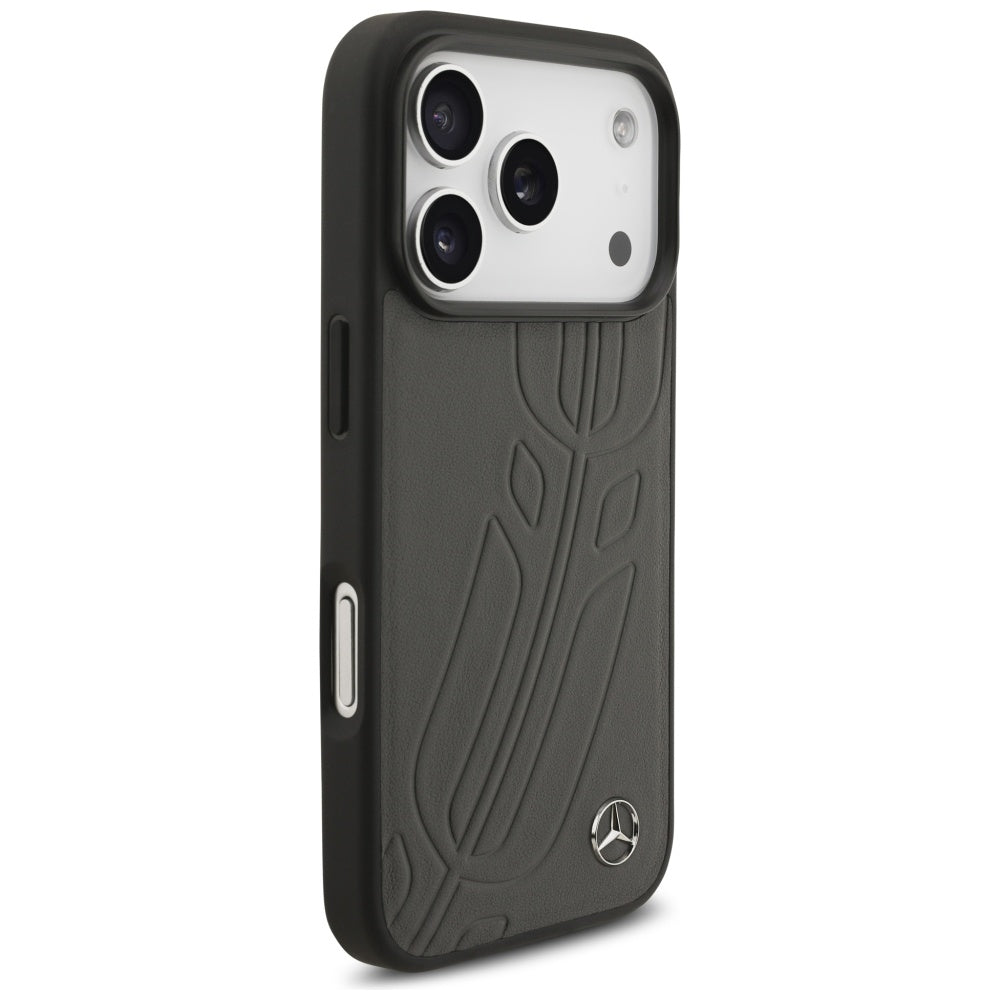 Mercedes Leather Large Laurel Leave MagSafe Case for iPhone 17 Pro - Black and Gray
