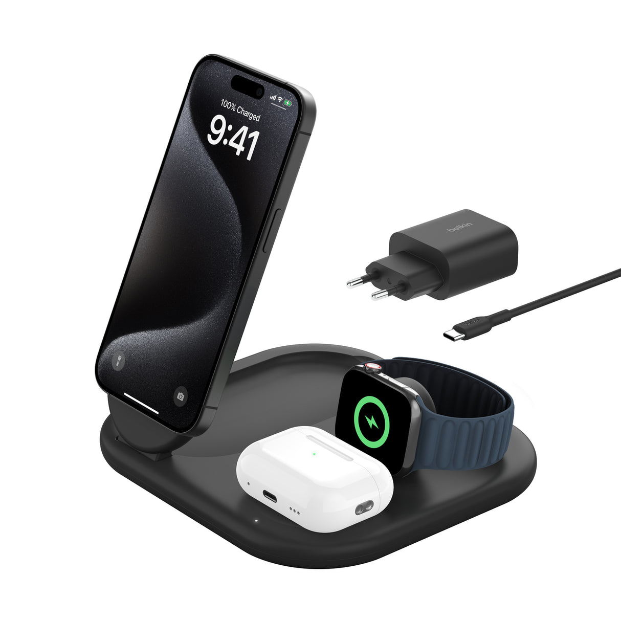 Belkin 3-i-1 Qi2 trådløs oplader (sort)