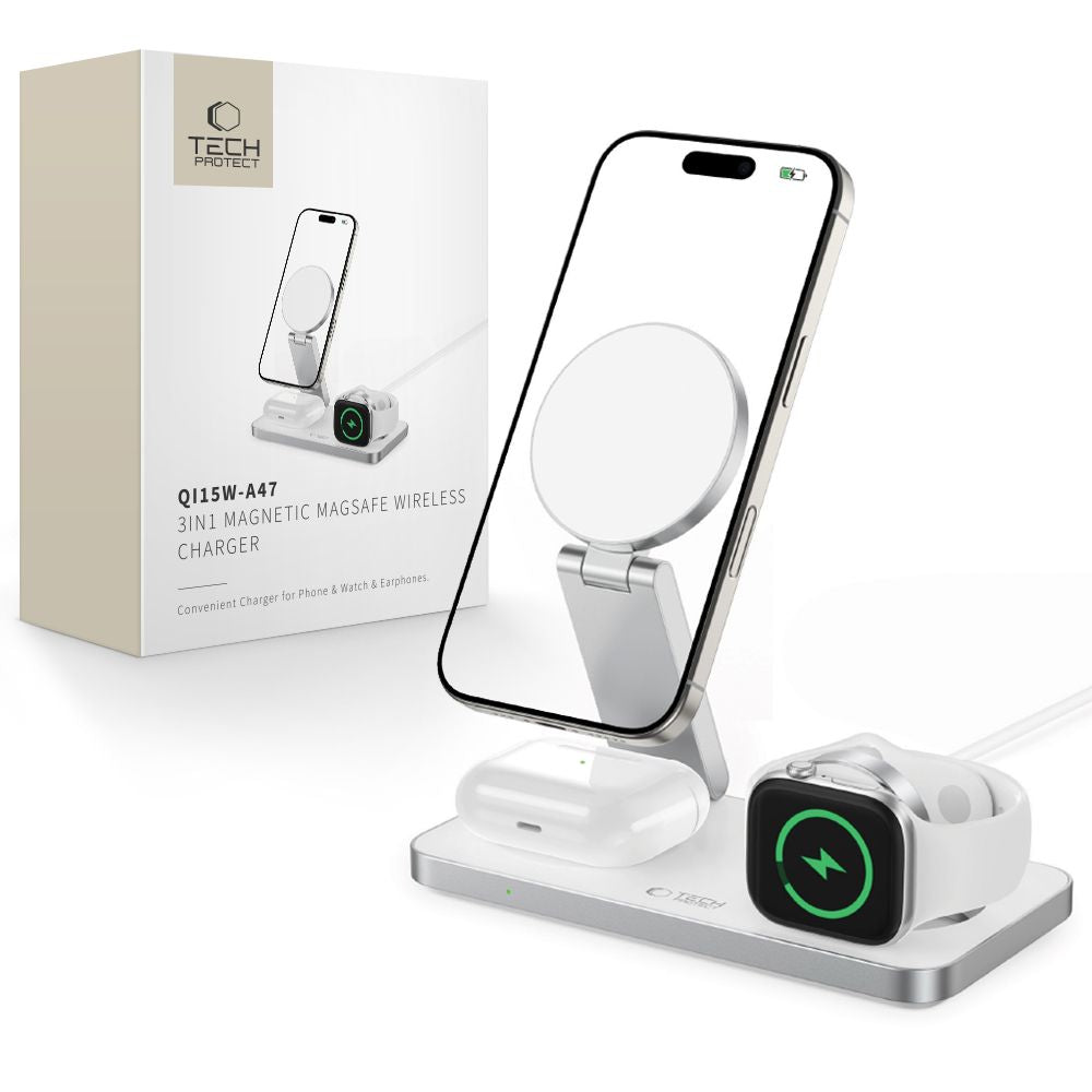 Tech Protect Qi15 W A47 3 I 1 Magnetisk Magsafe Trådløs Oplader Hvid