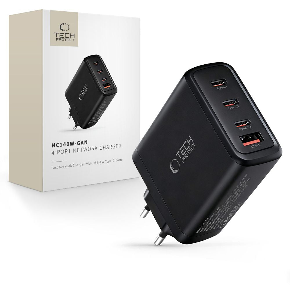 Tech Protect Nc140 W Gan 4 Port Netværksopladder Pd 140 W / Qc3.0 Sort