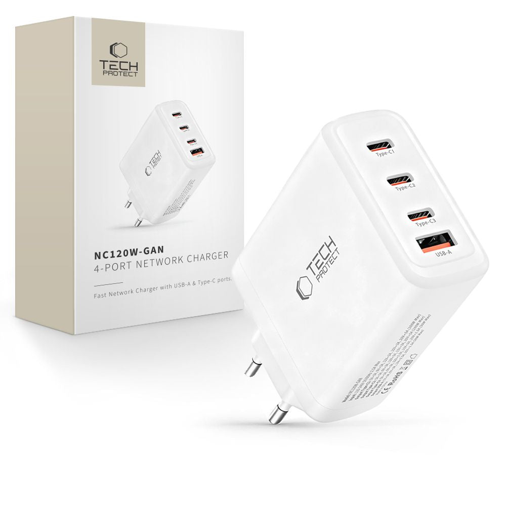 Tech Protect Nc120 W Gan 4 Port Netværksopladder Pd 120 W / Qc3.0 Hvid