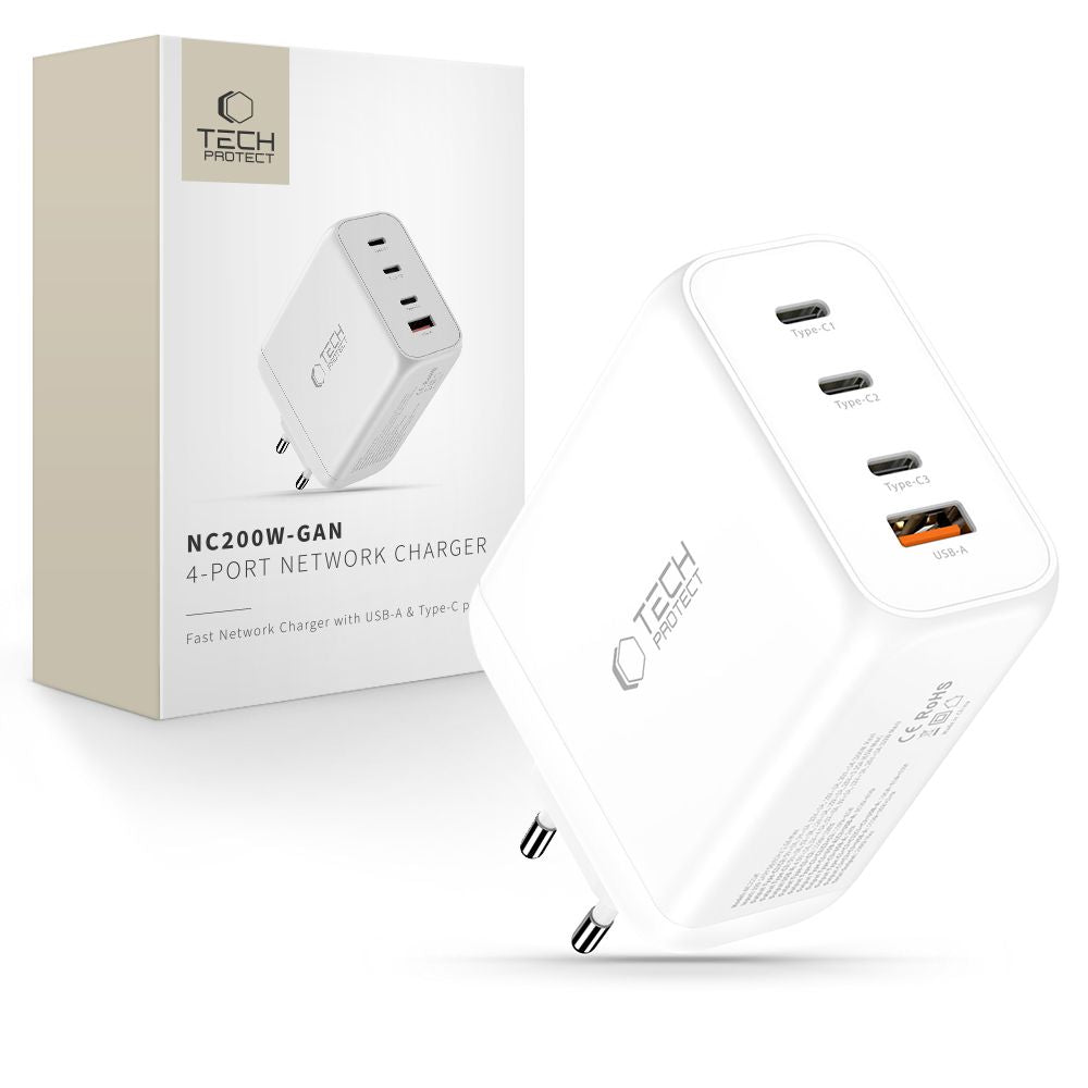 Tech Protect Nc200 W Gan 4 Port Netværksopladder Pd 200 W / Qc3.0 Hvid