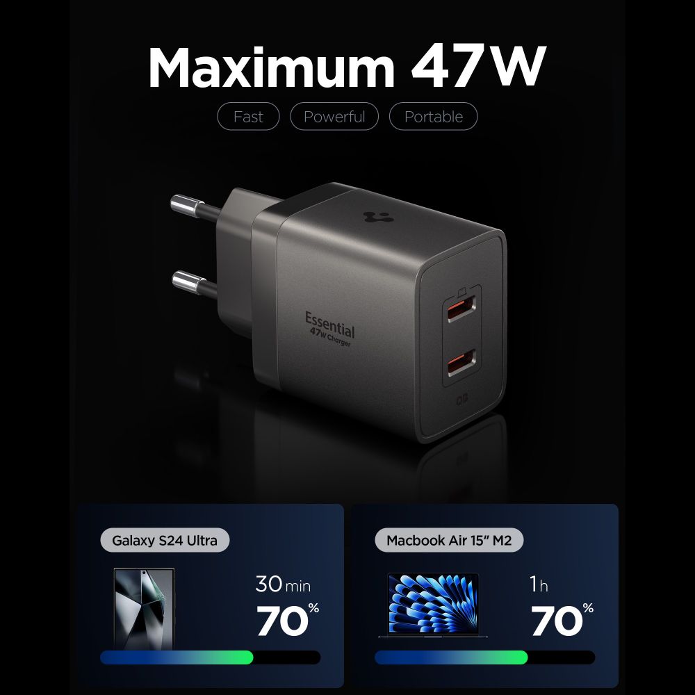 Spigen Ee472 Eu Gan Essential 2 Ports Netværksopladder 47 W Gunmetal