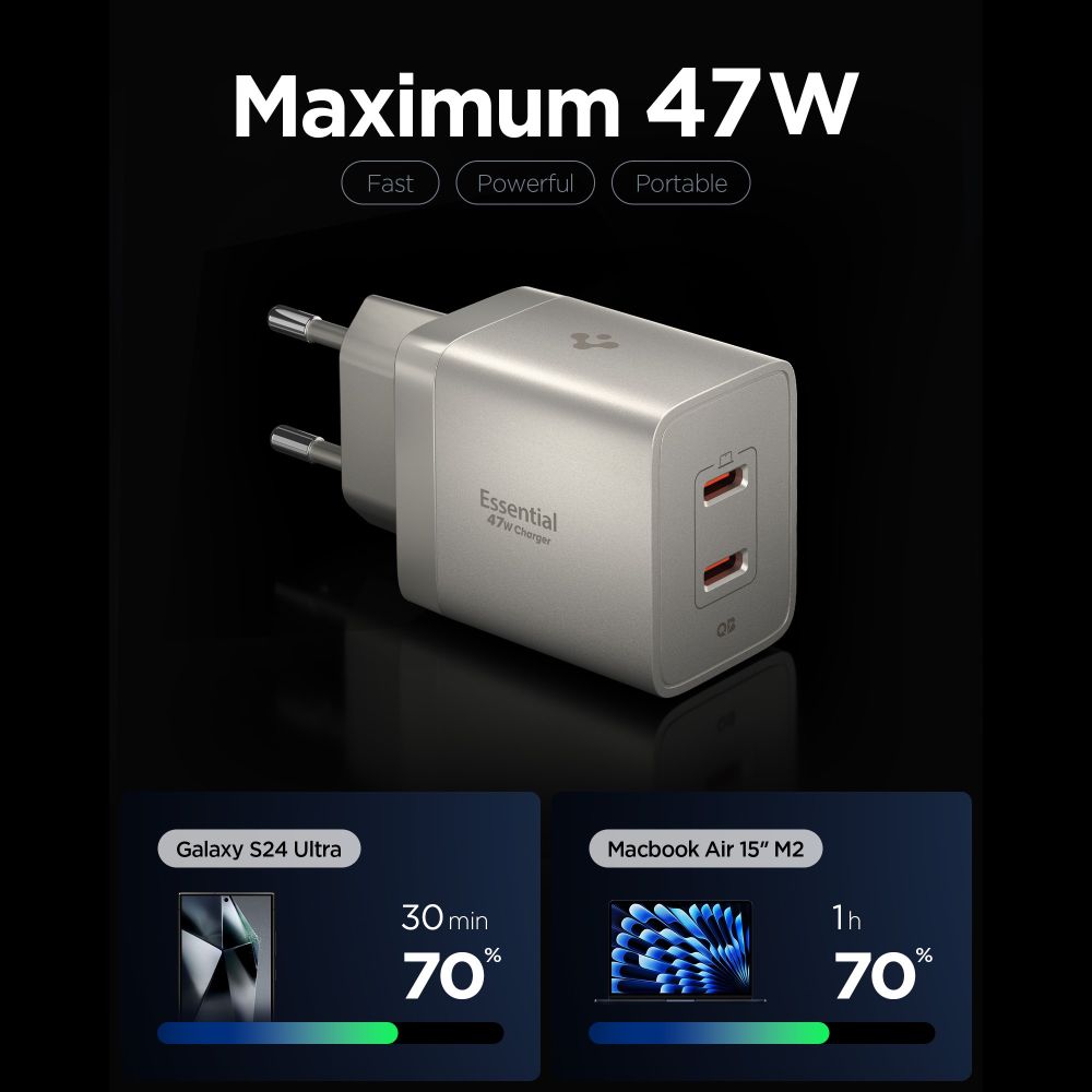 Spigen Ee472 Eu Gan Essential 2 Ports Netværksopladder 47 W Naturlig Titanium
