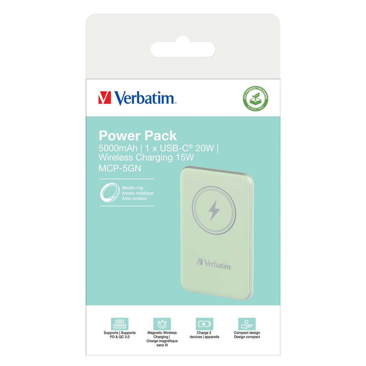 Verbatim Charge 'n' Go Lithium polymer (LiPo) 5000 mAh Trådløs opladning Grøn