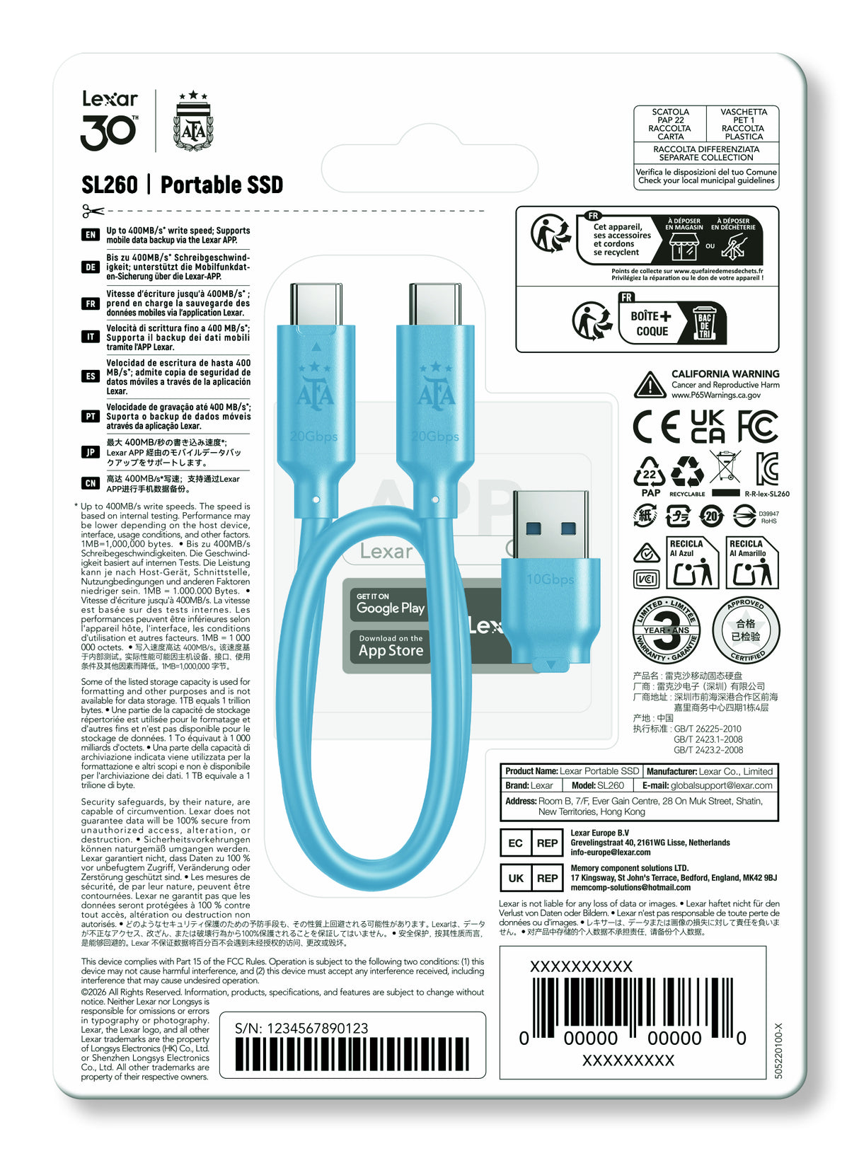 Lexar SL260 512 GB USB Type-C 3.2 Gen 1 (3.1 Gen 1) Hvid, Blå