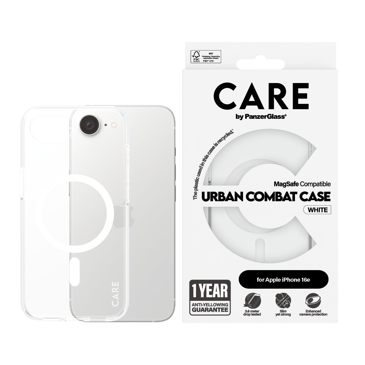 PanzerGlass CARE by ® Flagship Case Transparent Urban Combat m. Hvid Qi Compatible iPhone 16e