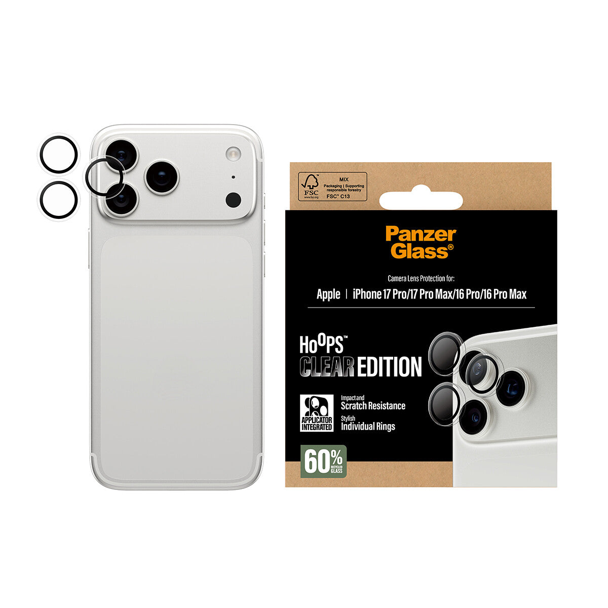 PanzerGlass ® Hoops® Kameralinsebeskytter Transparent iPhone 17 Pro | iPhone 17 Pro Max | iPhone 16 Pro | 16 Pro Max