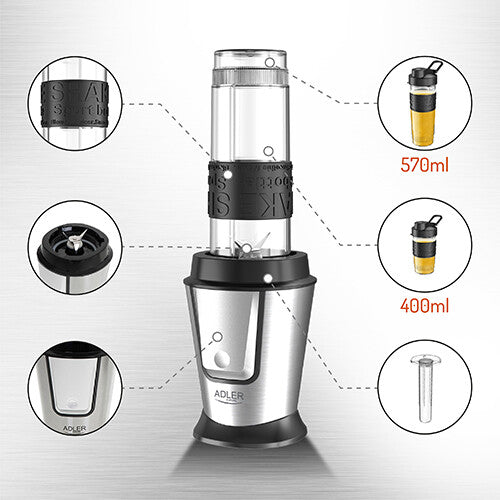 Adler AD 4081 blender 0,57 L Sportsblender 800 W Sort, Rustfrit stål, Gennemsigtig