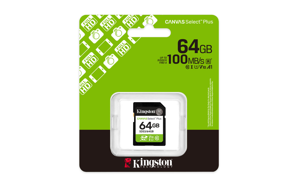 Kingston Technology 64 GB SDXC Canvas Select Plus Gen3 100 MB/s C10 UHS-I U1 V10