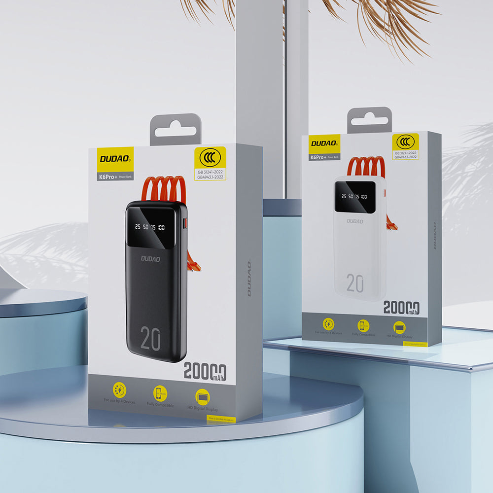 Dudao store powerbank med 3 indbyggede kabler 20000mAh USB Type C + micro USB + Lightning white (Dudao K6Pro +)