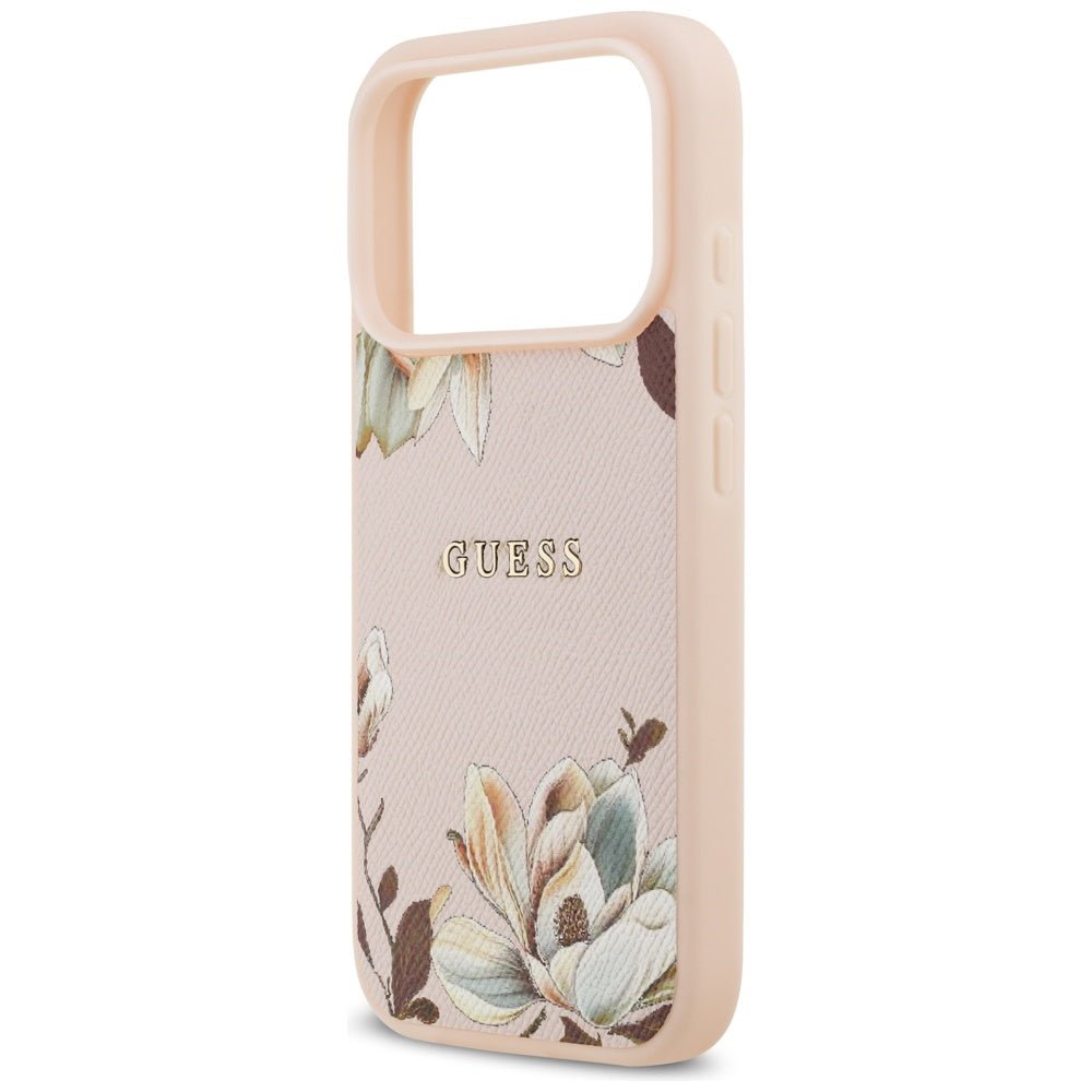Guess Grained Flowers Classic Logo MagSafe Case til iPhone 17 Pro - Pink