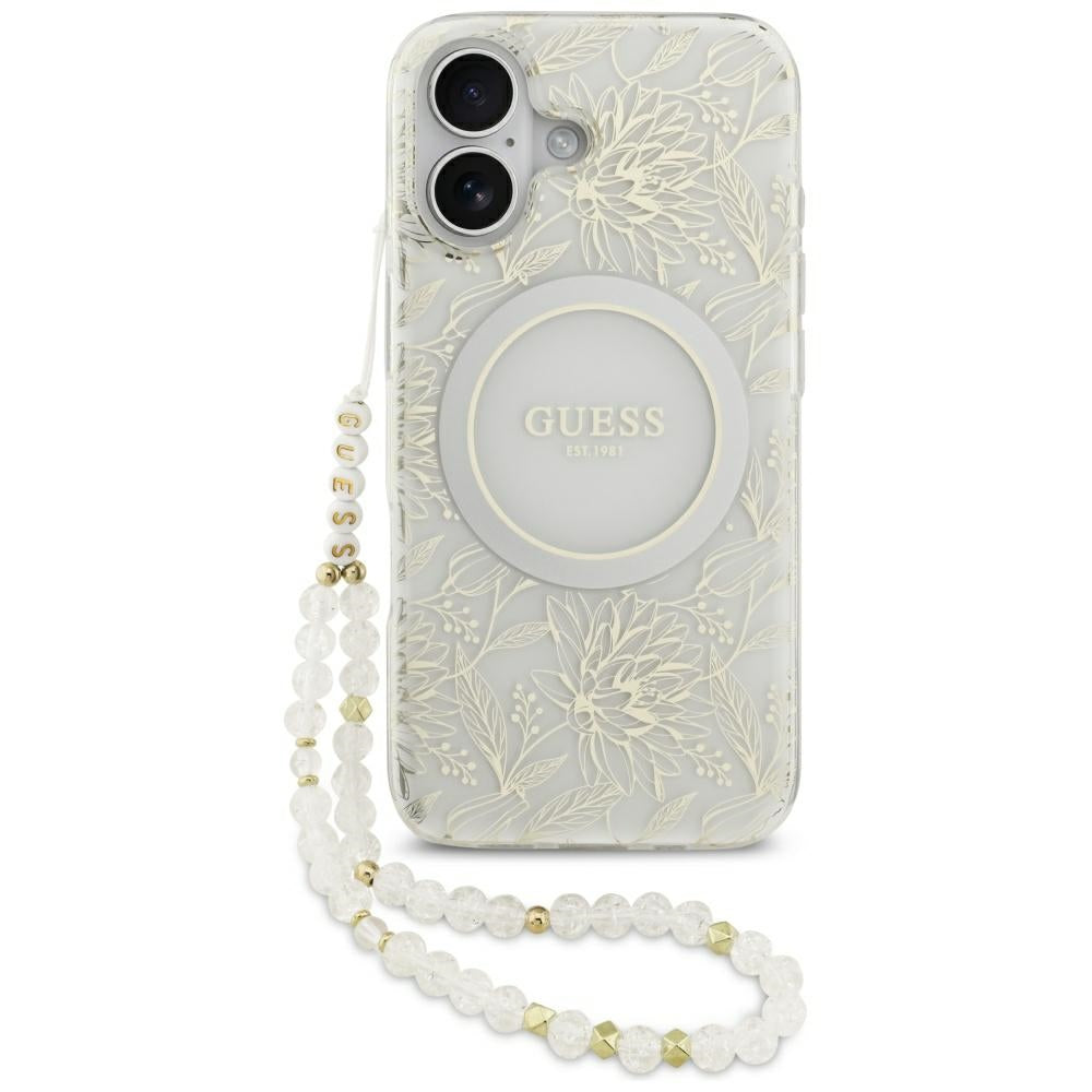 Guess IML Flowers Electro Pearl Strap MagSafe case for iPhone 17 - white