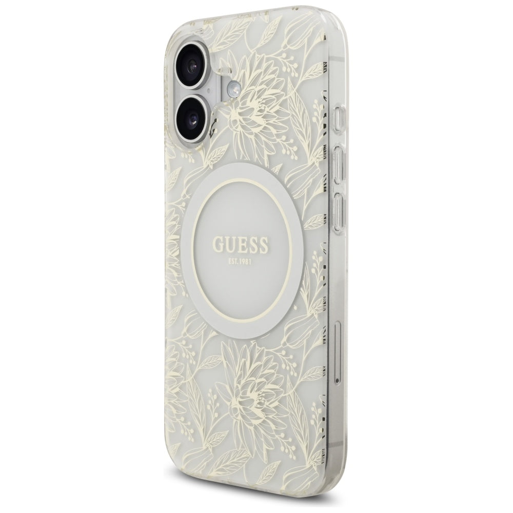 Guess IML Flowers Electro Pearl Strap MagSafe case for iPhone 17 - white