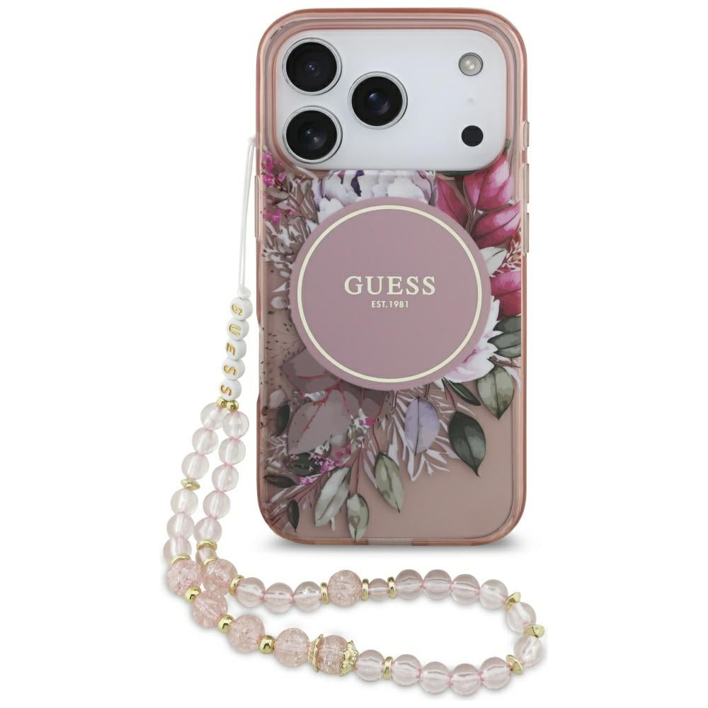 Guess IML Flowers Pearl Strap MagSafe Case til iPhone 17 Pro - Pink