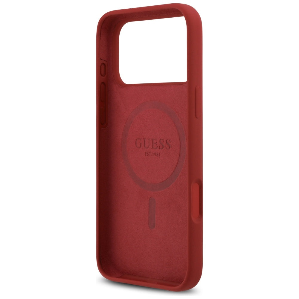 Guess Silicone Script Metal Logo MagSafe Case til iPhone 17 Pro Max - Rød