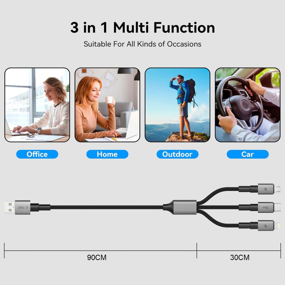 Tech-Protect UltraBoost DNA 3in1 USB-C / Micro-USB / Lightning kabel 120 cm - grå