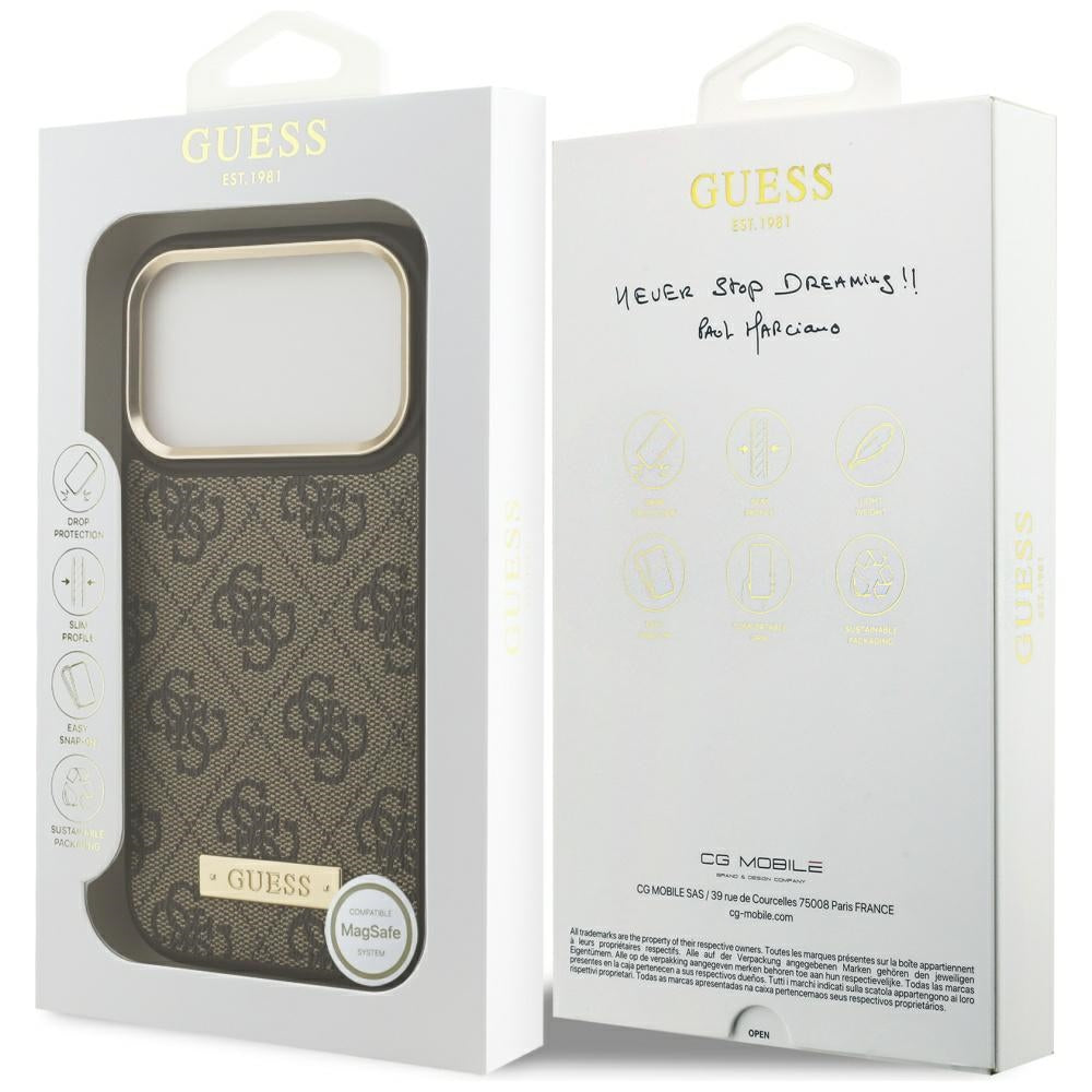 Guess 4G Logo Plate MagSafe-hylster til iPhone 17 Pro - brun