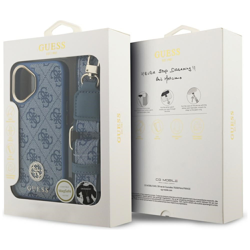 Guess 4G Strass Logo & Big Strap Metal Buttons MagSafe Case til iPhone 17 - Blå