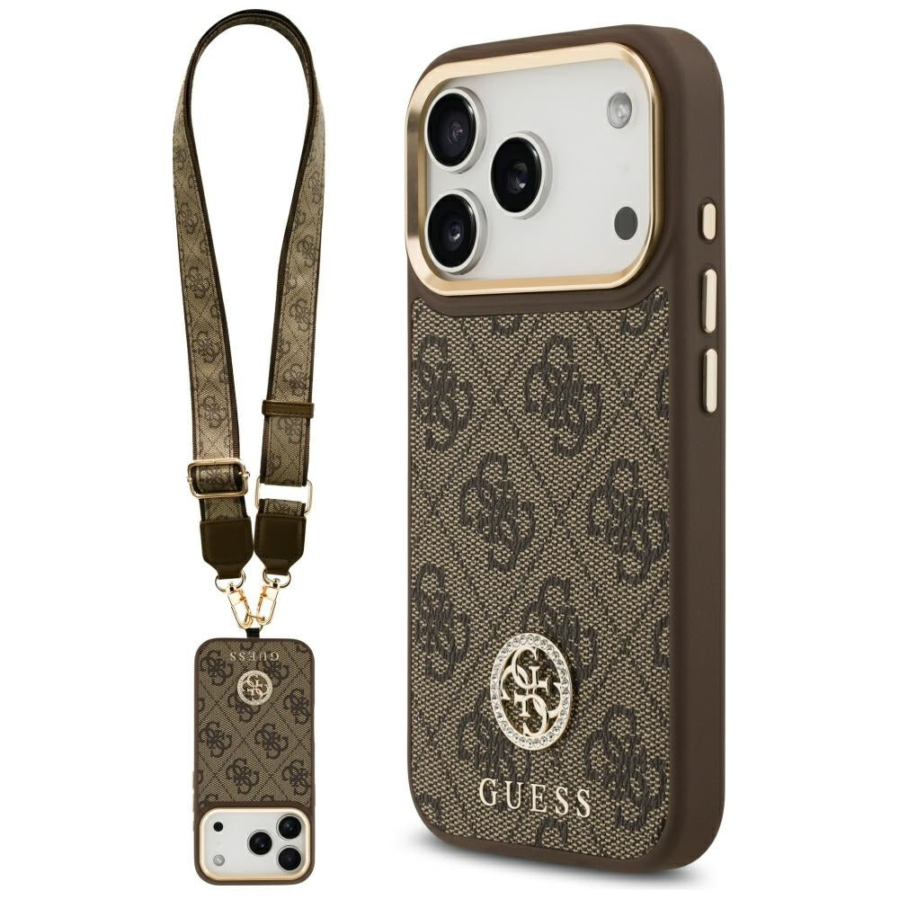 Guess 4G Strass Logo & Big Strap Metal Buttons MagSafe Case til iPhone 17 Pro - Brunt