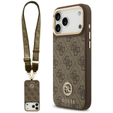 Guess 4G Strass Logo & Big Strap Metal Buttons MagSafe Case til iPhone 17 Pro Max - Brunt