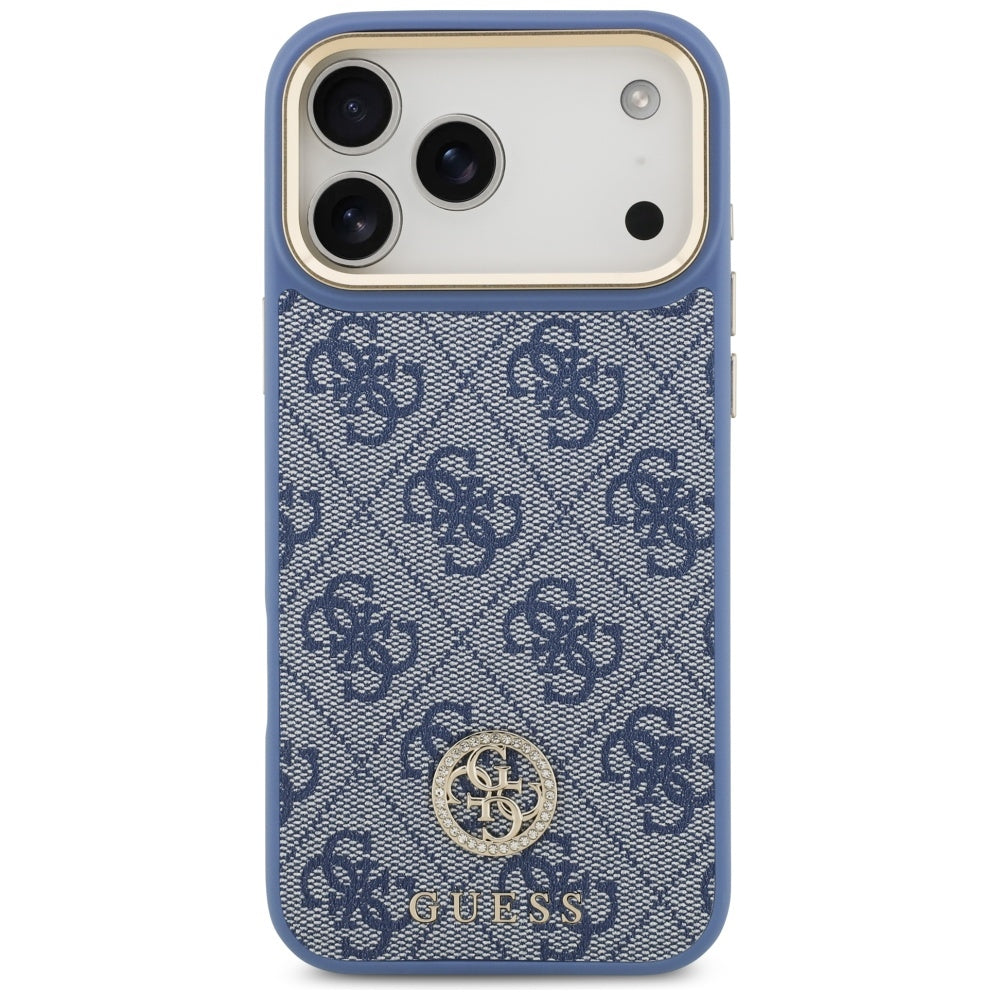 Guess 4G Strass Logo & Big Strap Metal Buttons MagSafe Case til iPhone 17 Pro Max - Blå