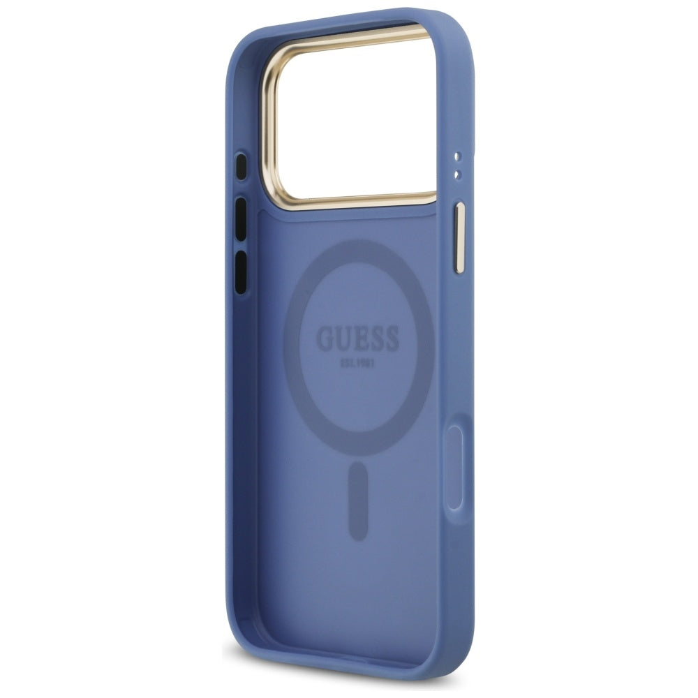 Guess 4G Strass Logo & Big Strap Metal Buttons MagSafe Case til iPhone 17 Pro Max - Blå