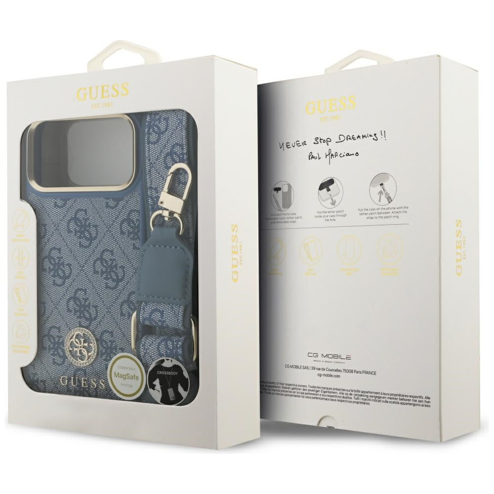 Guess 4G Strass Logo & Big Strap Metal Buttons MagSafe Case til iPhone 17 Pro Max - Blå