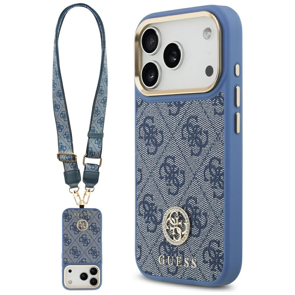 Guess 4G Strass Logo & Big Strap Metal Buttons MagSafe Case til iPhone 17 Pro - Blå