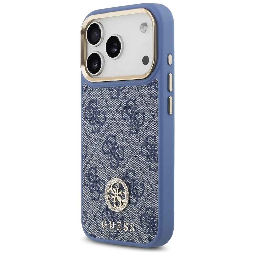 Guess 4G Strass Logo & Big Strap Metal Buttons MagSafe Case til iPhone 17 Pro - Blå