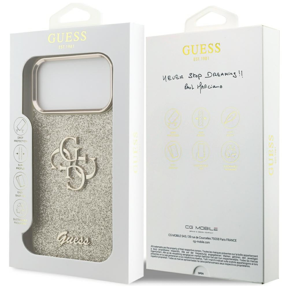 Guess Fixed Glitter Big 4G Metal Frame Case til iPhone 17 Pro Max - guld