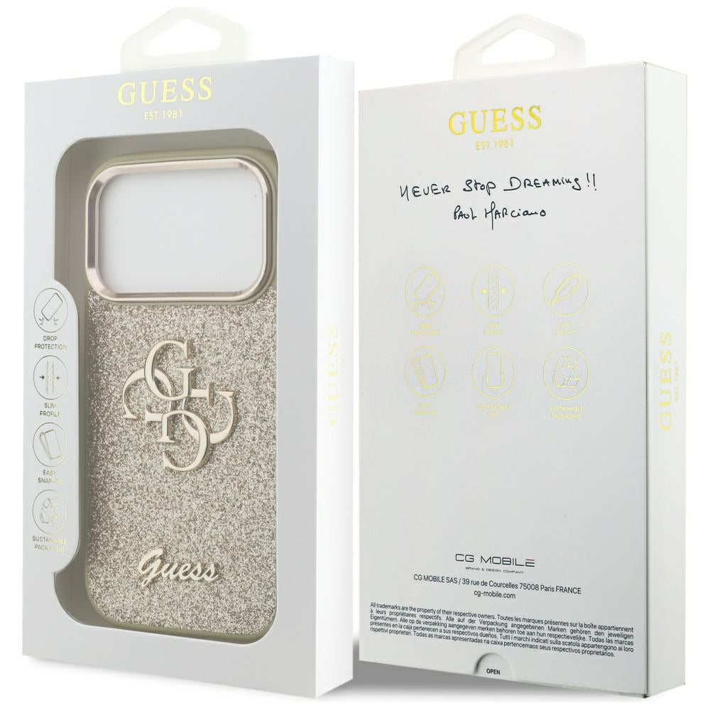 Guess Fixed Glitter Big 4G Metal Frame Case til iPhone 17 Pro - guld