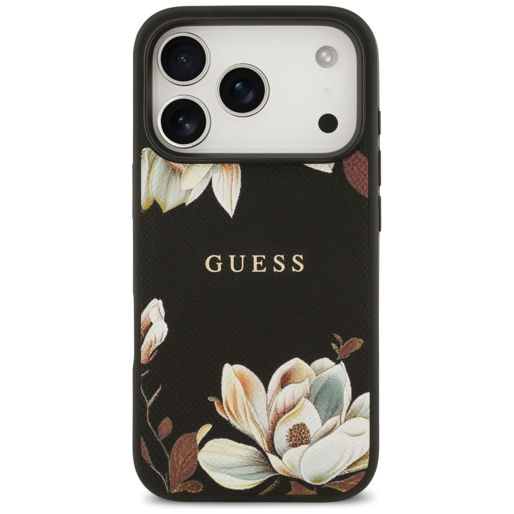 Guess Grained Flowers Classic Logo MagSafe-foder for iPhone 17 Pro - sort