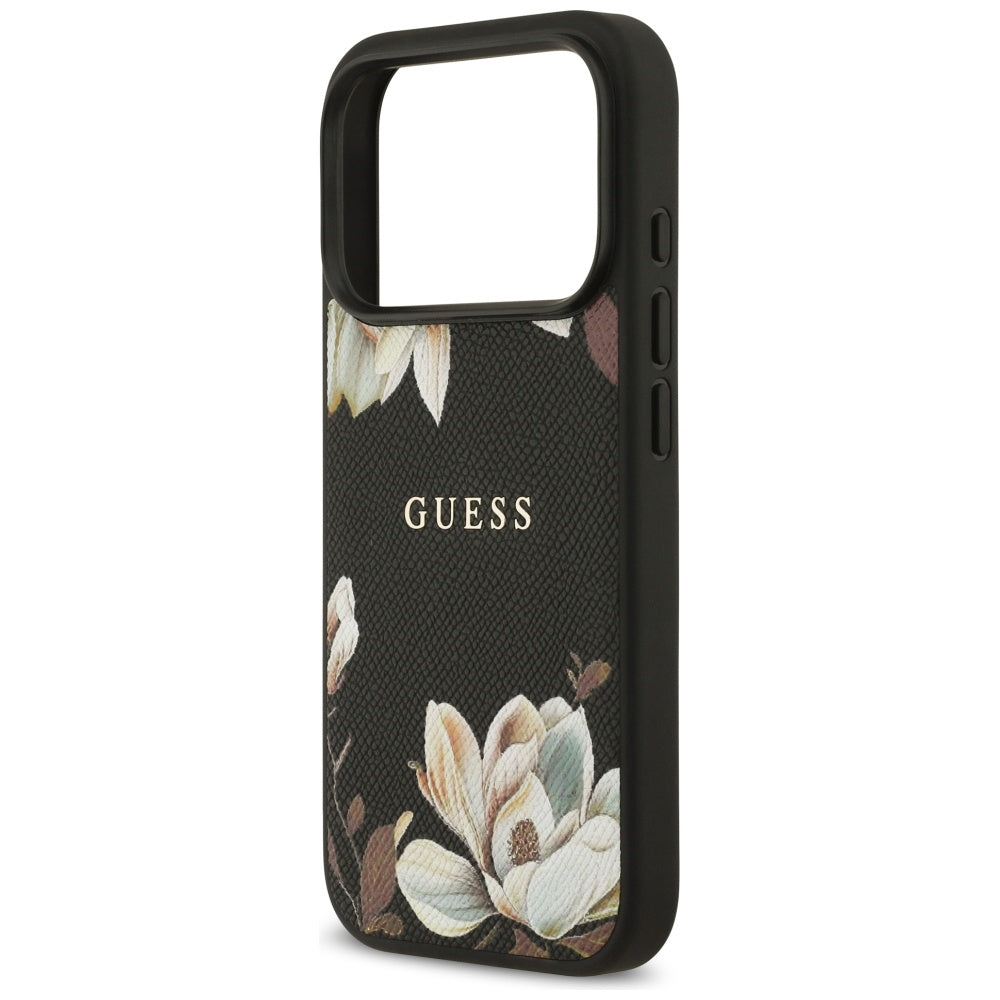 Guess Grained Flowers Classic Logo MagSafe-foder for iPhone 17 Pro - sort
