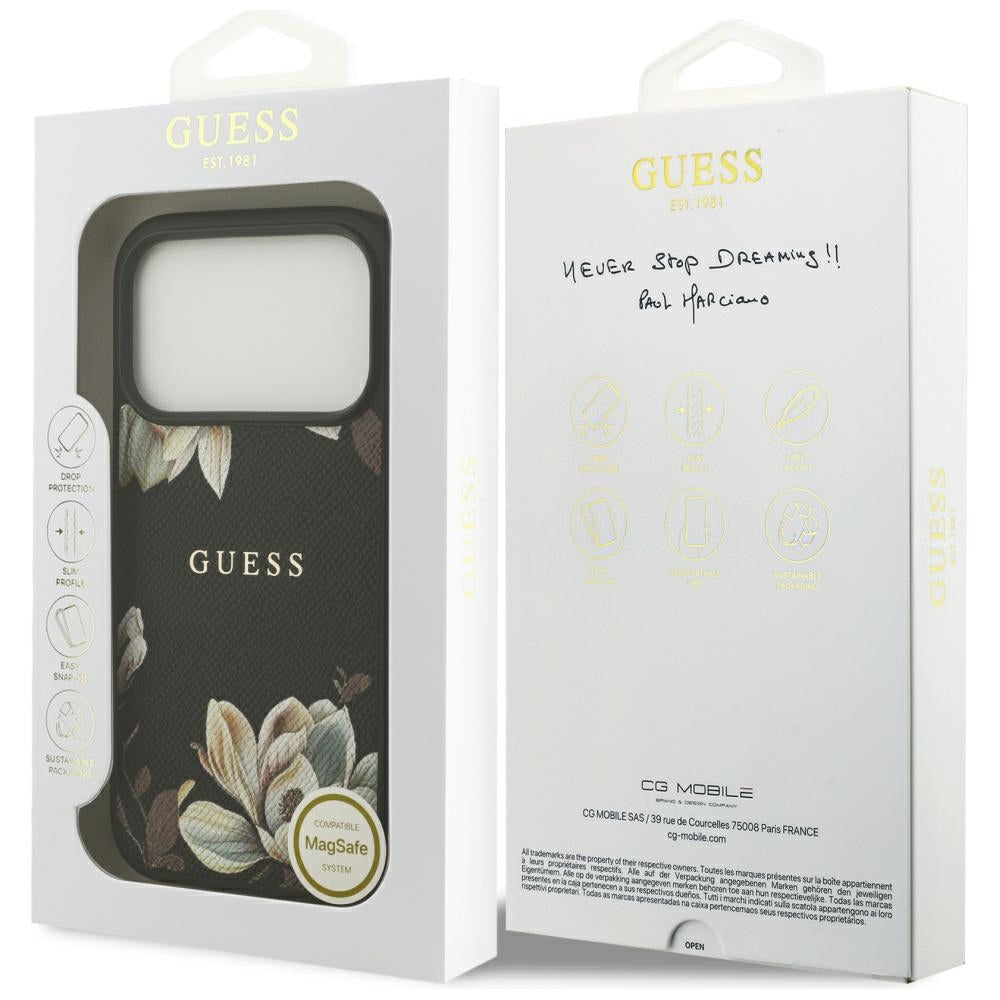 Guess Grained Flowers Classic Logo MagSafe-foder for iPhone 17 Pro - sort