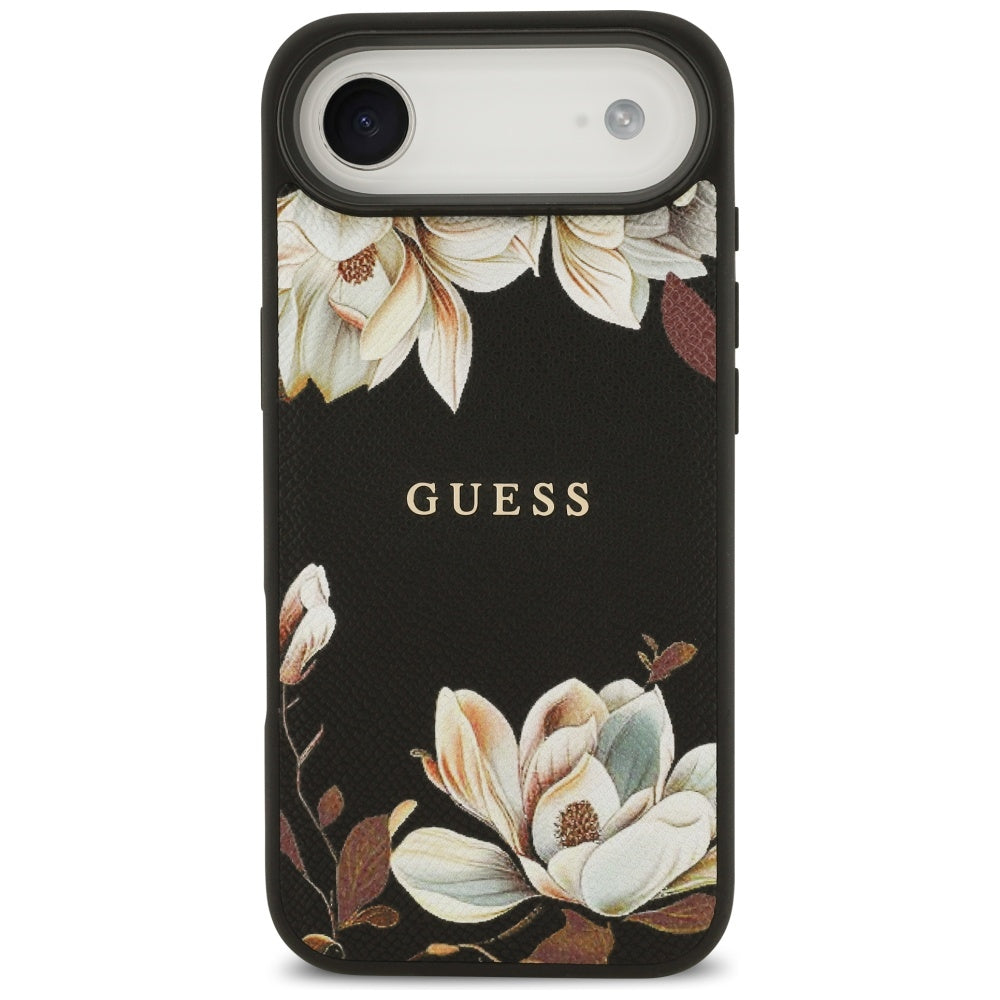 Guess Grained Flowers Classic Logo MagSafe-kasse til iPhone Air - sort