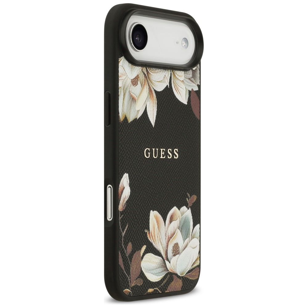 Guess Grained Flowers Classic Logo MagSafe-kasse til iPhone Air - sort