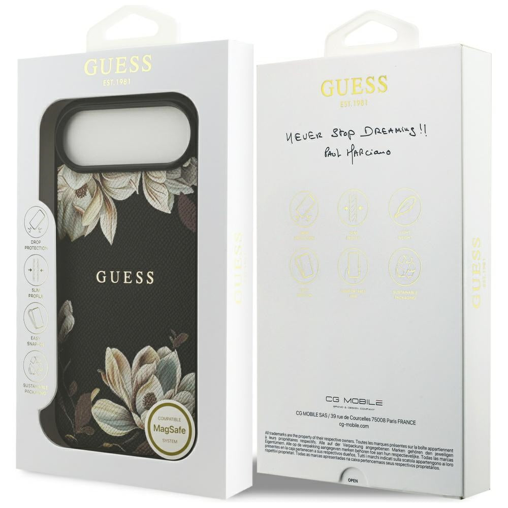 Guess Grained Flowers Classic Logo MagSafe-kasse til iPhone Air - sort