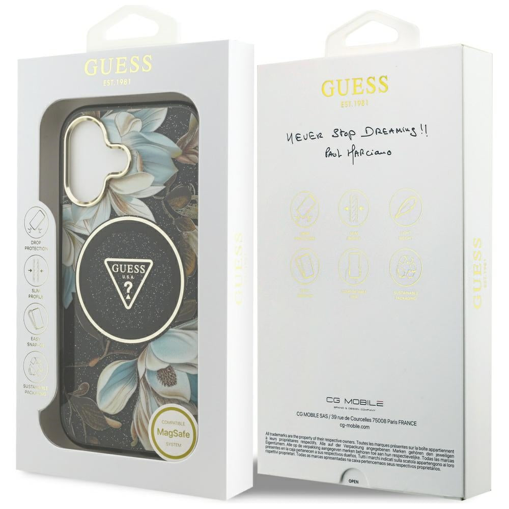 Guess IML Glitter Flowers Triangle MagSafe-hylster til iPhone 17 - sort