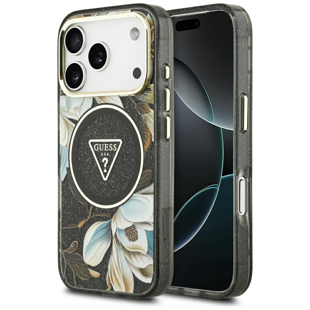 Guess IML Glitter Flowers Triangle MagSafe-hylster til iPhone 17 Pro - sort