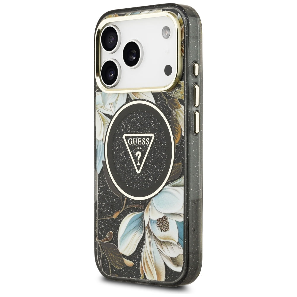 Guess IML Glitter Flowers Triangle MagSafe-hylster til iPhone 17 Pro - sort