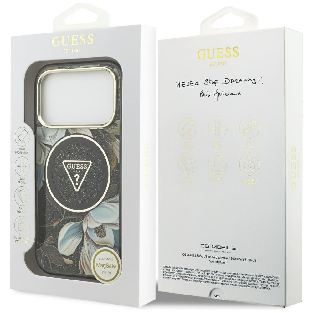Guess IML Glitter Flowers Triangle MagSafe-hylster til iPhone 17 Pro - sort